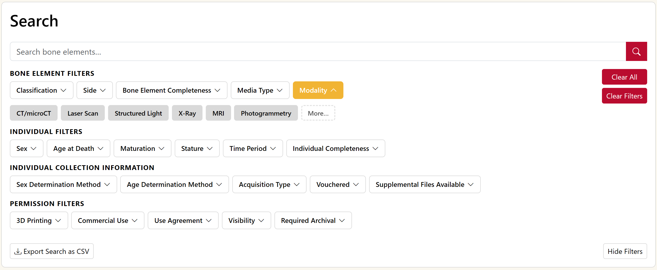 Search filter layout and CSV export
